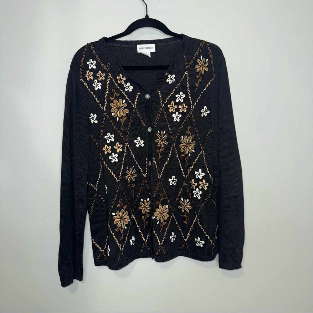Alfred Dunner Cardigan Sweater Black Floral Embroidered Knit Button Front Size M